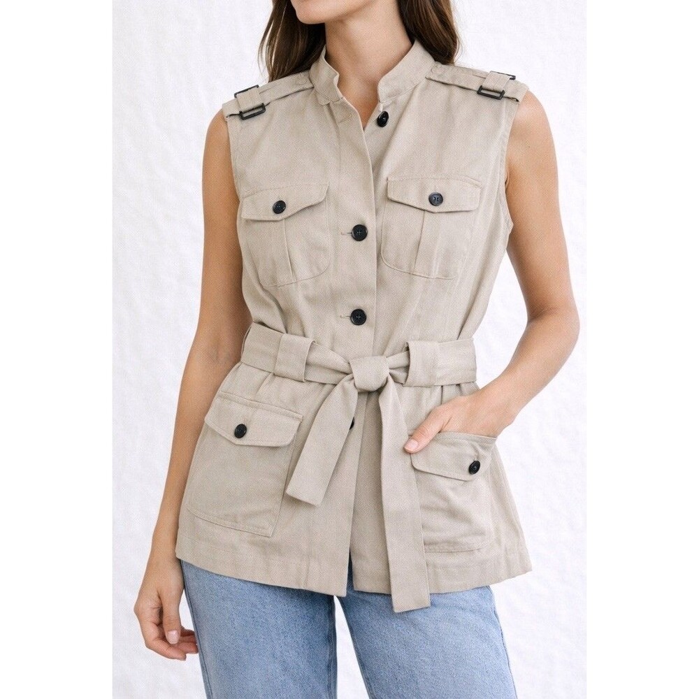Worthington Women Beige Utility Vest Belted Safari Sleeveless Jacket S - Picture 1 of 16